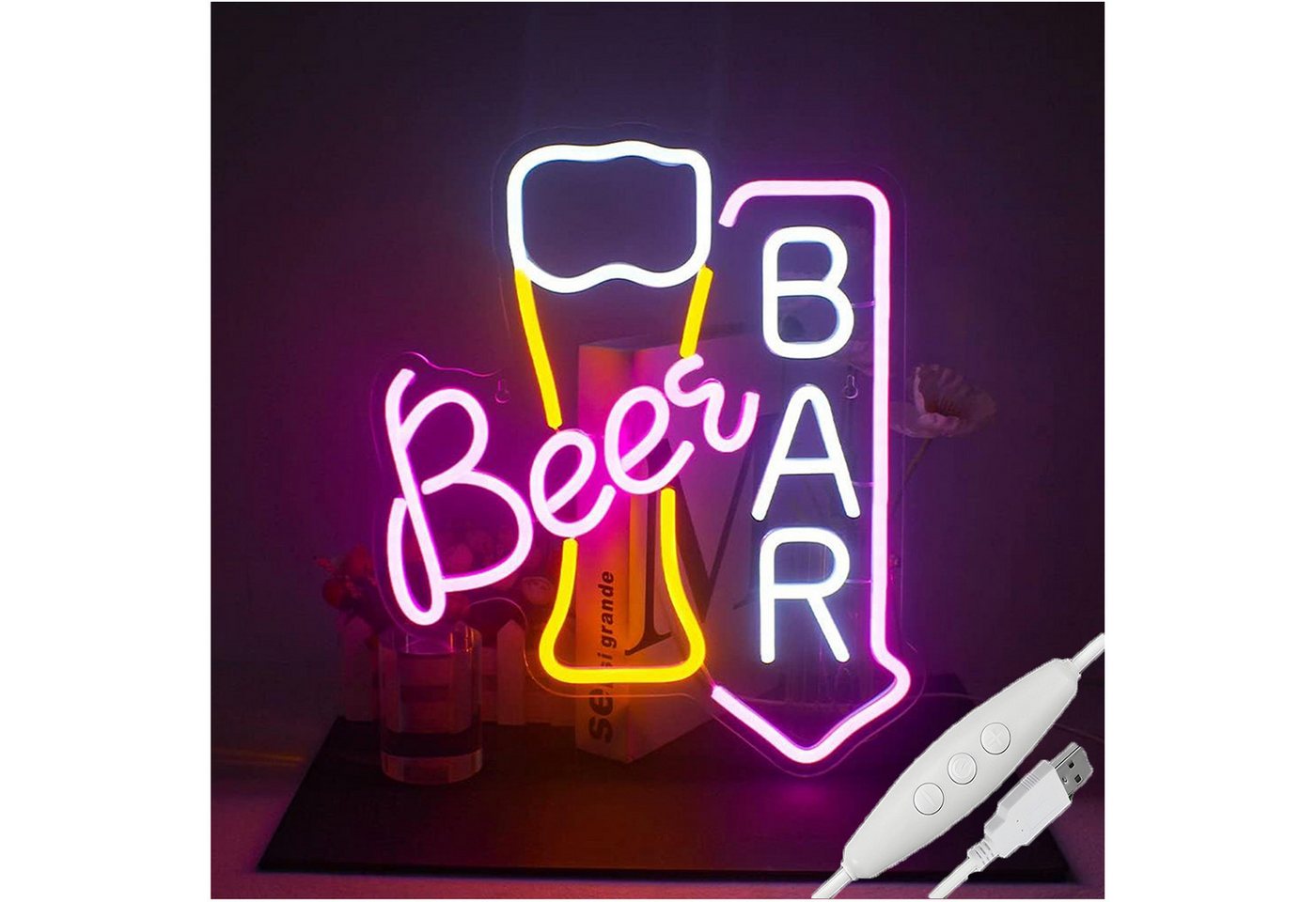 JIBENNEON LED Dekolicht Neonlicht Beer Leuchtreklame Deko mit Dimmbare USB-Schalter, Beer-Bar-Rosa-Gelb, LED fest integriert, LED-Lichterkette Neonschild mit 58cm lange Metallkette JIBENNEON LED Dekolicht Neonlicht Beer Leuchtreklame Deko mit Dimmbare USB-Schalter, Beer-Bar-Rosa-Gelb, LED fest integriert, LED-Lichterkette Neonschild mit 58cm lange Metallkette von JIBENNEON