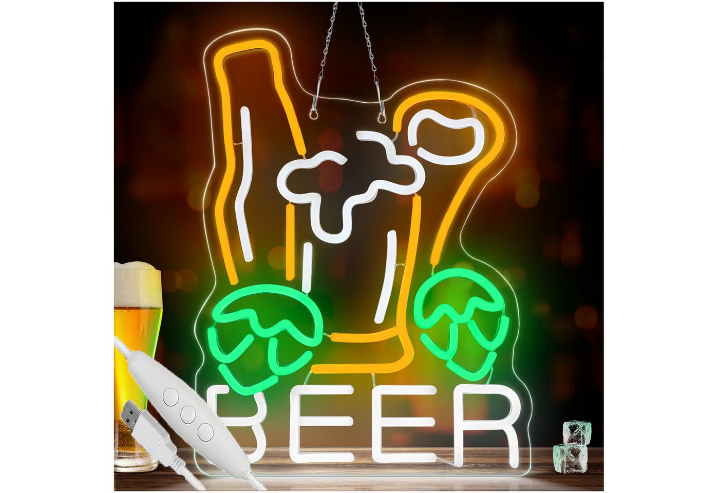 JIBENNEON LED Dekolicht Neonlicht Beer Leuchtreklame Deko mit Dimmbare USB-Schalter, Beer und Bierflaschen-Gelb, LED fest integriert, LED-Lichterkette Neonschild mit 58cm lange Metallkette JIBENNEON LED Dekolicht Neonlicht Beer Leuchtreklame Deko mit Dimmbare USB-Schalter, Beer und Bierflaschen-Gelb, LED fest integriert, LED-Lichterkette Neonschild mit 58cm lange Metallkette von JIBENNEON