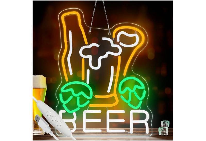 JIBENNEON LED Dekolicht Neonlicht Beer Leuchtreklame Deko mit Dimmbare USB-Schalter, Beer und Bierflaschen-Gelb, LED fest integriert, LED-Lichterkette Neonschild mit 58cm lange Metallkette von JIBENNEON