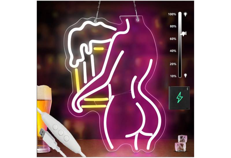 JIBENNEON LED Dekolicht Neonlicht Beer Leuchtreklame Deko mit Dimmbare USB-Schalter, Schöne Frau mit Bier-Rosa, LED fest integriert, LED-Lichterkette Neonschild mit 58cm lange Metallkette von JIBENNEON