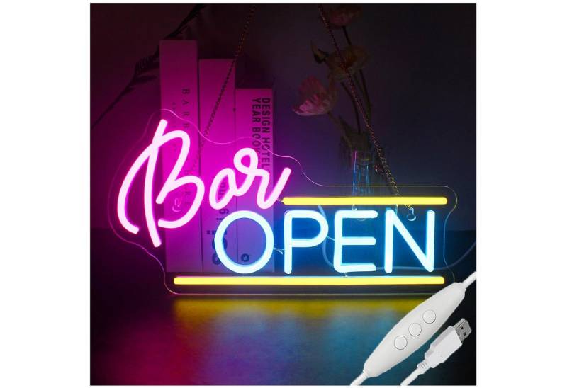 JIBENNEON LED Dekoobjekt LED-Neonschild Bar Leuchtreklame LED Dekolich Leuchtfigur, Bar Open-Rosa-Blau, LED fest integriert, Wandschilder Dimmbar Neonlicht Ein-/Aus Schalter für Bar,Man Cave von JIBENNEON