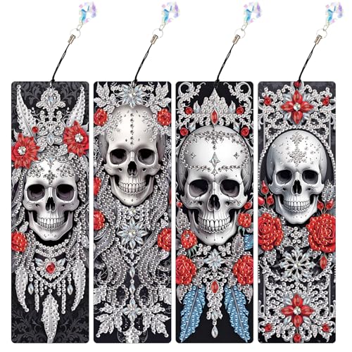 JICFDAO 4 Stück DIY Diamant Malerei Lesezeichen Papier 5.8x19.5cm Diamant Malerei Buch Marks Seitenmarker Bookmark Buch Zubehör für Bücherwurm Buchliebhaber Lesergeschenk Gotik Schädel Skelett von JICFDAO