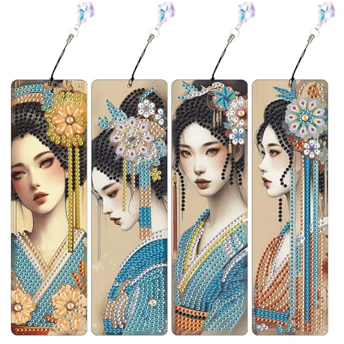 JICFDAO 4 Stück Diamond Painting Lesezeichen Papier 5.8x19.5cm Buch Marks Diamant Malerei Seitenmarker Seitenmarkierungsclip Geschenk für Student Graduierung Geburtstag Japanische Frau Geisha von JICFDAO