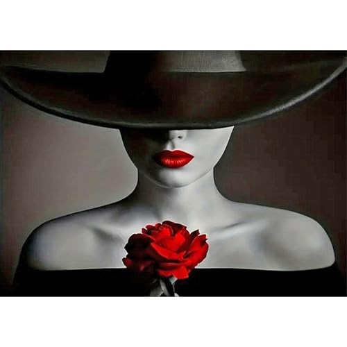 JICFDAO Diamond Painting Frau mit Hut 40x30cm Diamond Painting Rosen und Lippen Schwarz Malen nach Zahlen Erwachsene Moderne Frauen Abstrak Mosaikherstellung für Wohnzimmer Schlafzimmer Büro Wand von JICFDAO