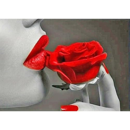 JICFDAO Diamond Painting Rosen 40x30cm Diamond Painting Rot Lippen Diamant Malerei Bilder Moderne Frauen Malen nach Zahlen Erwachsene Mode Frau Schwarz Abstrak Diamant Malerei Set für Wanddekoration von JICFDAO