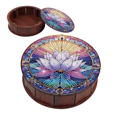 JICFDAO Diamond Painting Rund Snackbehälter 19.8x5.7cm Snack Box Multifunktionale Frischhaltedosen Aufbewahrungsbox Holz Kunsthandwerk Schreibtisch-Organizer für Bürobedarf Heimaufbewahrung Lotus von JICFDAO
