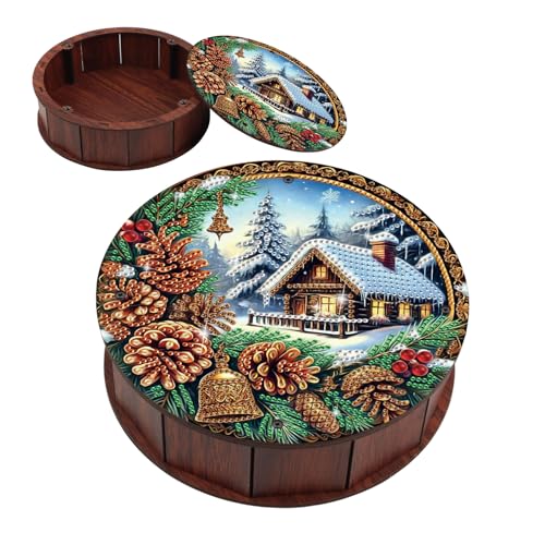 JICFDAO Diamond Painting Snackbehälter 19.8x5.7cm Diamant Malerei Snackbox Rund Hölzerne Organizer mit Deckel Multifunktionale Aufbewahrungsbox für Kleinigkeiten Schmuck Nüssen Weihnachten Haus Winter von JICFDAO