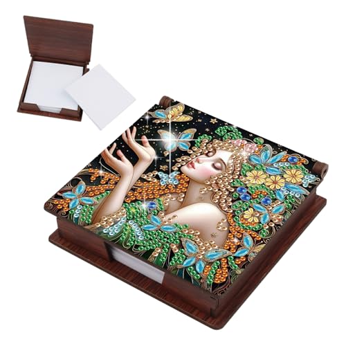 JICFDAO Diamond Painting Zettelbox Fee 11x11cm Diamant Malerei Notizzettel Box Elfe Zettelbox Nachfüllpack Halter Bambus Notizblock mit 160 Blättern Haftnotizen Spender Engel Blumen Schmetterling von JICFDAO