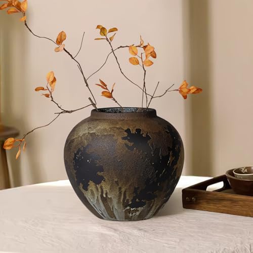JIDOFUE Schwarze rustikale Keramische Vase Vintage Blume Vase, 19.5 cm / 7.68 Zoll Keramik Terrakotta Hoher Boden Bauernhaus rustikal für Minimalismus Heimdekor Mittelstück Wohnzimmer Schlafzimmer von JIDOFUE