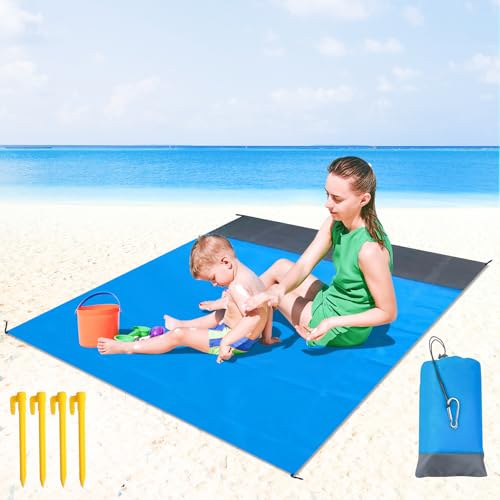 JIEBAO Stranddecke Sandfrei 210 x 200 cm Outdoor Picknickdecke Strandmatte, Strandtuch mit 4 Befestigung Ecken und Karabiner, Wasserdicht und Leicht, Perfekt für Reisen, Camping, Strandurlaub von JIEBAO