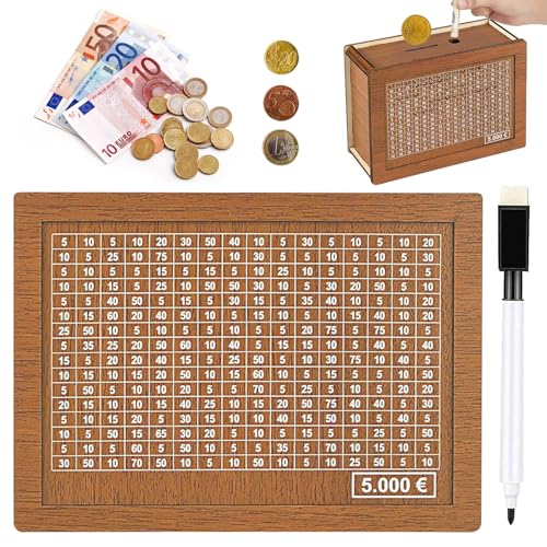 Spardose aus Holz Retro Sparbüchse Aufbewahrungsbox Sparbox Sparschwein mit Marker Sparbox mit Zahlen ankreuzen Sparschwein aus Holz mit Sparziel für Erwachsene und Kinder (5000€) von JIEBAO