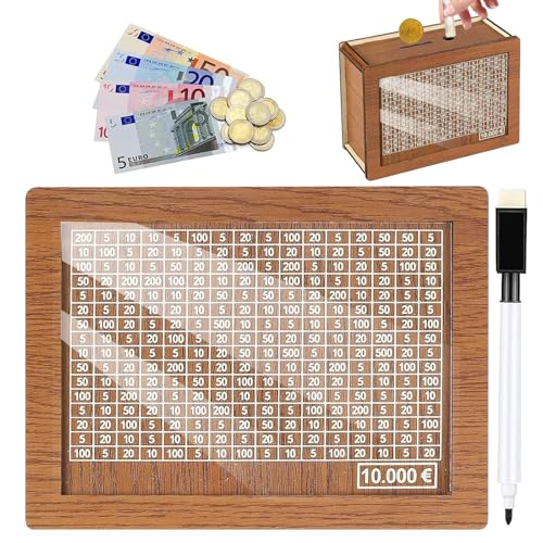 Spardose aus Holz, Sparziel und Zahlen zum Ankreuzen,sparbox mit Zahlen ankreuzen, sparschwein aus Holz mit zähler, spardose, Wiederverwendbare Spardose, für Sparziel (10000€) von JIEBAO