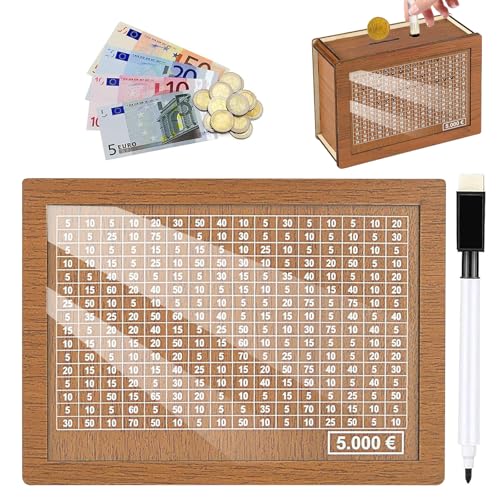 Spardose aus Holz, Sparziel und Zahlen zum Ankreuzen,sparbox mit Zahlen ankreuzen, sparschwein aus Holz mit zähler, spardose, Wiederverwendbare Spardose, für Sparziel (5000€) von JIEBAO