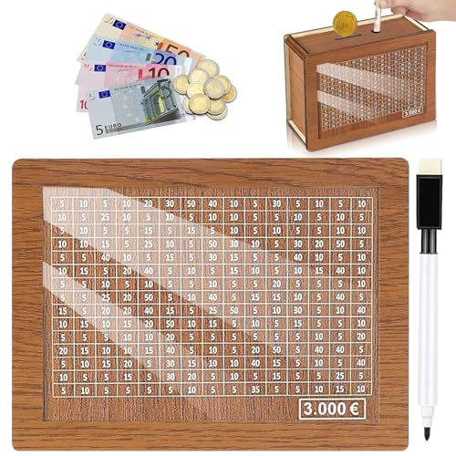 Spardose aus Holz, Sparziel und Zahlen zum Ankreuzen,sparbox mit Zahlen ankreuzen, sparschwein aus Holz mit zähler, spardose, Wiederverwendbare Spardose, für Sparziel (3000€) von JIEBAO