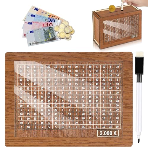 Spardose aus Holz, Sparziel und Zahlen zum Ankreuzen,sparbox mit Zahlen ankreuzen, sparschwein aus Holz mit zähler, spardose, Wiederverwendbare Spardose, für Sparziel (2000€) von JIEBAO
