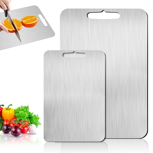 2 Stück Titan Schneidebrett, 304 Schneidebrett Edelstahl, Titanium Cutting Board, Doppelseitiges Lebensmittel Grade, für Fleisch, Gemüse, Obst Schneiden(34x23,25x15cm) von JIEBAO