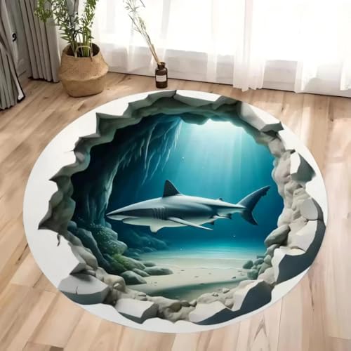 JIEDEDIAM 3D Ozean Hai Muster Bedruckt runder Teppich, Wohnzimmer Teppich Mädchen Schlafzimmer Sand Stuhl Matte Kinder Bodenmatte Geschenk von JIEDEDIAM