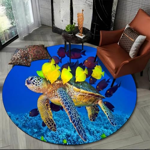 JIEDEDIAM 3D Unterwasserwelt Delfin Schildkröte runder Teppich, Schlafzimmer Wohnzimmer Sofa Tisch Bodenmatte Home Kinderzimmer Spielmatte von JIEDEDIAM