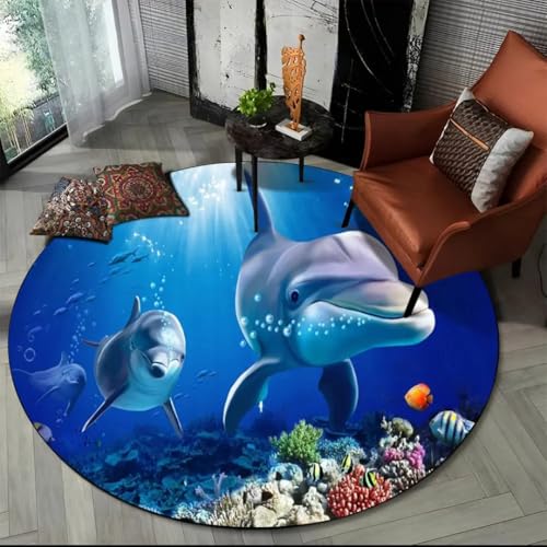 JIEDEDIAM 3D Unterwasserwelt Delfin Schildkröte runder Teppich, Schlafzimmer Wohnzimmer Sofa Tisch Bodenmatte Home Kinderzimmer Spielmatte von JIEDEDIAM
