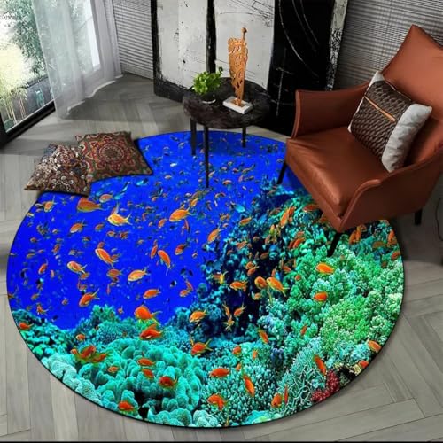 JIEDEDIAM 3D Unterwasserwelt Delfin Schildkröte runder Teppich, Schlafzimmer Wohnzimmer Sofa Tisch Bodenmatte Home Kinderzimmer Spielmatte von JIEDEDIAM