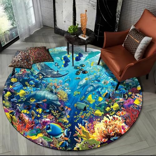 JIEDEDIAM 3D Unterwasserwelt Delfin Schildkröte runder Teppich, Schlafzimmer Wohnzimmer Sofa Tisch Bodenmatte Home Kinderzimmer Spielmatte JIEDEDIAM 3D Unterwasserwelt Delfin Schildkröte runder Teppich, Schlafzimmer Wohnzimmer Sofa Tisch Bodenmatte Home Kinderzimmer Spielmatte von JIEDEDIAM