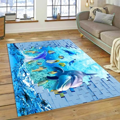 JIEDEDIAM 3D Unterwasserwelt Ozean Hai Delphin Teppich für Schlafzimmer Wohnzimmer Sofa Dekoration Kinder Spiel Bodenmatte von JIEDEDIAM