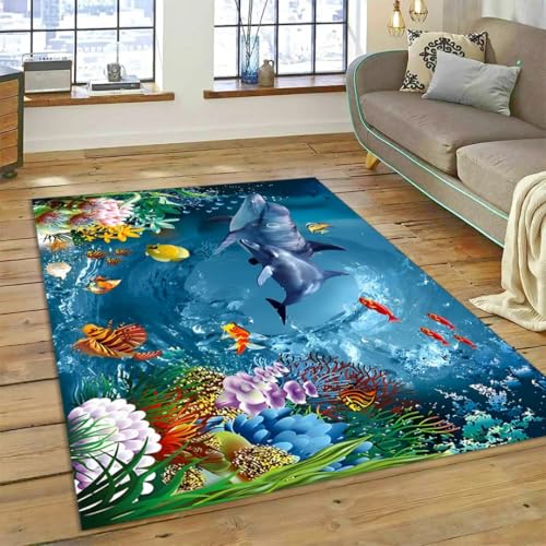 JIEDEDIAM 3D Unterwasserwelt Ozean Hai Delphin Teppich für Schlafzimmer Wohnzimmer Sofa Dekoration Kinder Spiel Bodenmatte von JIEDEDIAM