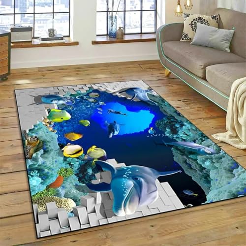 JIEDEDIAM 3D Unterwasserwelt Ozean Hai Delphin Teppich für Schlafzimmer Wohnzimmer Sofa Dekoration Kinder Spiel Bodenmatte von JIEDEDIAM