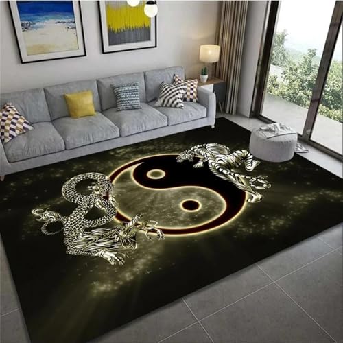 JIEDEDIAM Drachenmuster Yin Yang Drache Tiger Teppich, Wohnzimmer Schlafzimmer Sofa Couchtisch Großflächiger Teppich Waschbares Badezimmer rutschfeste Matte von JIEDEDIAM