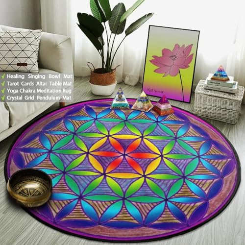 JIEDEDIAM Galaxy Mandala Blume des Lebens Runder Teppich Reiki Psychedelic Meditation Yoga Matte Kristallgitter Magischer Altar Tarot Matte von JIEDEDIAM