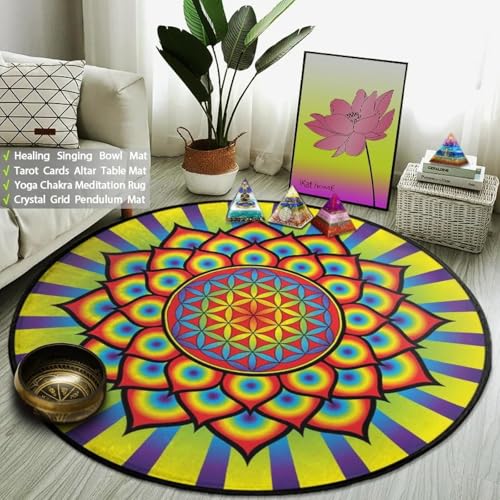 JIEDEDIAM Galaxy Mandala Blume des Lebens Runder Teppich Reiki Psychedelic Meditation Yoga Matte Kristallgitter Magischer Altar Tarot Matte von JIEDEDIAM
