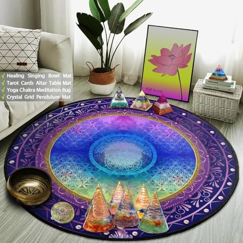 JIEDEDIAM Galaxy Mandala Blume des Lebens Runder Teppich Reiki Psychedelic Meditation Yoga Matte Kristallgitter Magischer Altar Tarot Matte von JIEDEDIAM