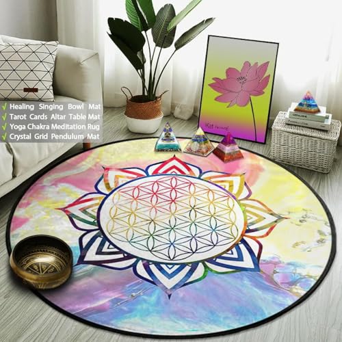 JIEDEDIAM Galaxy Mandala Blume des Lebens Runder Teppich Reiki Psychedelic Meditation Yoga Matte Kristallgitter Magischer Altar Tarot Matte von JIEDEDIAM