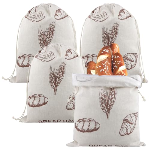 JIEHIN 4 Stück 40 x 30cm Brotbeutel Leinen mit TPU Innenfutter, Brotsack zum Frischhalten Leinen Brottasche Groß Leinenbeutel für Brot Obst Gemüse Aufbewahrung von JIEHIN