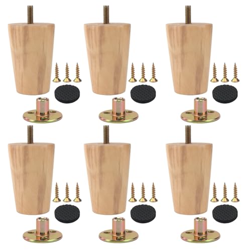 JIEHIN 6 Stück 8cm Möbelbeine Holz Rund, Tischbeine Holzbeine Möbelfüße Holz mit Montageplatten Gummipad Schrauben, Holzfüße für Möbel Sofa Bett Schrank Couch Stuhl von JIEHIN