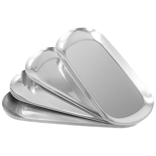 JIEHIN 8 Stück Metall Oval Tablett Silber, 23 x 9,5cm Edelstahl Deko Tablett Kleine Serviertablett Dekoteller Edelstahl Ablageschale Metall für Schmuck Kerzen Kosmetik Dessert von JIEHIN