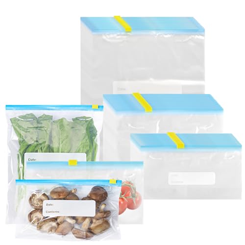 JIEHIN 90 Stück Wiederverwendbar Gefrierbeutel mit Zipper, 0.5L 1L 4.5L Zipper Beutel, Zipper Gefrierbeutel Sandwichbeutel für Küche Gemüse Snacks Fleisch Obst von JIEHIN