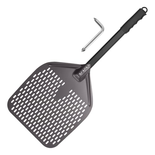 JIEHIN Pizzaschieber Perforiert 30 x 39cm, Pizzaschaufel aus Aluminium, Schwarz Pizzaschieber mit Langem Stiel, Pizza Schieber Schaufel, Großer Fläche und Abnehmbaren Griff von JIEHIN