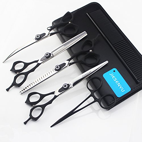JIESENYU 7.0 in. Pro Fellschere Scharfe Kanten Schneiden + Gebogen + 2thinning Schere 4 Pcs Set für Fellpflege, für Hunde, 7.0inch, Schwarz von JIESENYU