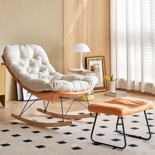 JIESOO Bequemer Relax-Schaukelstuhl mit Ottomane, für Wohnzimmer, Schlafzimmer, Schaukelsessel mit Massivholzbasis und mit Stoff gepolsterter Sitzfläche (Farbe: Orange) von JIESOO