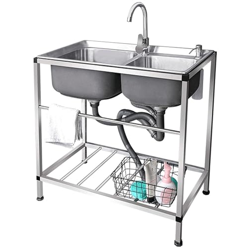 JIESOO Doppelspülbecken Edelstahl Bar mit Warm- Und Kaltwasserhahn Freistehender Wasserkanal Gewerbliche Küche Im Innen- Und Außenbereich JIESOO Doppelspülbecken Edelstahl Bar mit Warm- Und Kaltwasserhahn Freistehender Wasserkanal Gewerbliche Küche Im Innen- Und Außenbereich von JIESOO