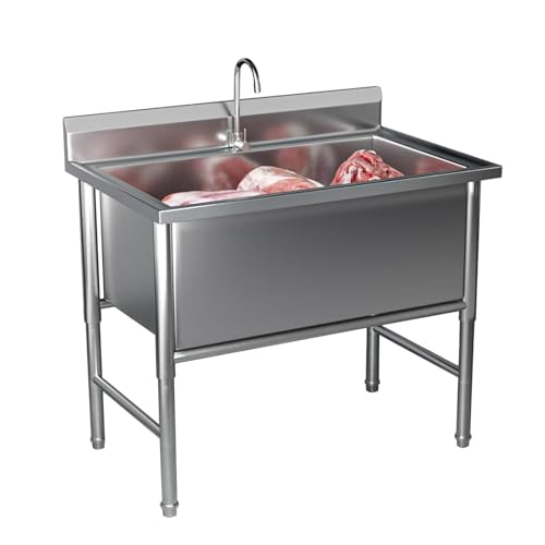 JIESOO Freistehende Edelstahl-Spüle mit Ablauf-Set und Wasserhahn für Restaurant, Waschküche, Garage, Gewerbe-Restaurant (100 cm) von JIESOO