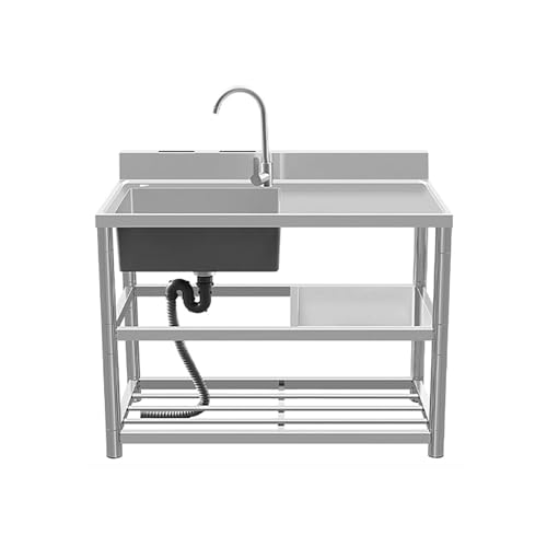 JIESOO Großes Einzelbecken-Spülbecken Edelstahl Außenbereich mit Warm- Und Kaltwasserhahn Und Abtropfgestell Handwaschstation mit 1 Fach(Right Cold,100x50x80cm) von JIESOO