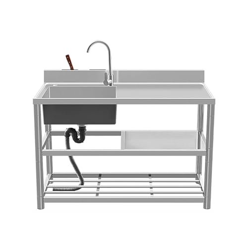 JIESOO Großes Einzelbecken-Spülbecken Edelstahl Außenbereich mit Warm- Und Kaltwasserhahn Und Abtropfgestell Handwaschstation mit 1 Fach(Right Cold,120x50x80cm) von JIESOO