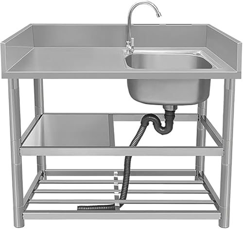 JIESOO Kommerzielle Küchenspüle Edelstahl Einzelbecken mit Wasserhahn Und Ablageflächen Werkbank for Restaurants Innen- Und Außenbereich(A,90x50x80cm) von JIESOO