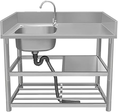 JIESOO Kommerzielle Küchenspüle Edelstahl Einzelbecken mit Wasserhahn Und Ablageflächen Werkbank for Restaurants Innen- Und Außenbereich(B,90x50x80cm) von JIESOO