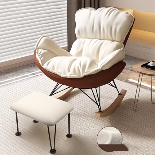 JIESOO Moderner Bequemer Sofa-Schaukelstuhl Innenbereich Gepolsterter Loungesessel Kunstleder Mit Dickem Kissen for Lesen Und Nickerchen Stühle for Wohnzimmermöbel(Off-White+Brown,with Footstool) von JIESOO