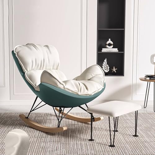 JIESOO Moderner Bequemer Sofa-Schaukelstuhl Innenbereich Gepolsterter Loungesessel Kunstleder Mit Dickem Kissen for Lesen Und Nickerchen Stühle for Wohnzimmermöbel(Off-White+Cyan,with Footstool) von JIESOO