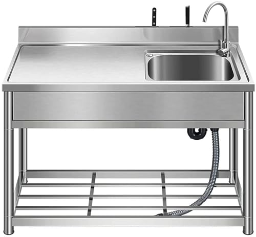JIESOO Outdoor Küchenspüle Edelstahl 90 cm/100 cm/120 cm Einzelbecken integrierte Plattform mit Halterung (120 cm) von JIESOO