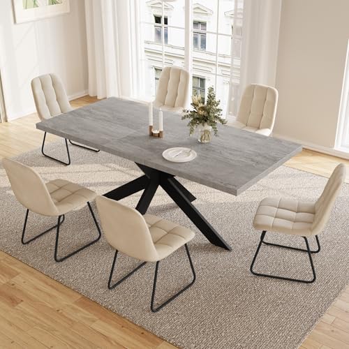 JIEXI Essgruppen Für 4-6 Personen, Esstisch Ausziehbar, Moderner Grauer MDF-Holztisch, Geeignet Für Wohnzimmer, Küche, Versammlungen Mit Vielen Personen(130-170cm Tisch + 6 U-förmiger Stuhl Beige) von JIEXI